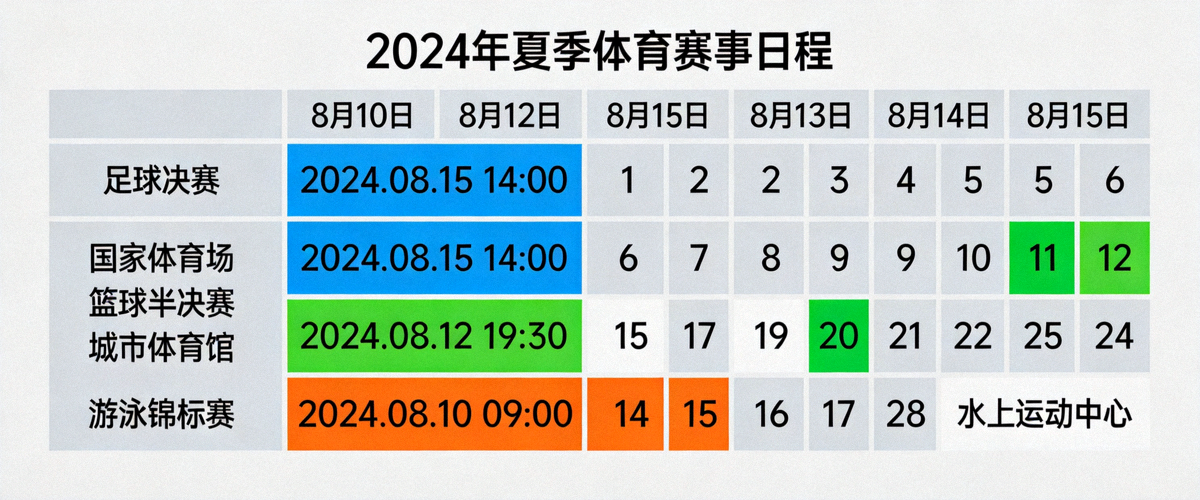 体育赛事日程表日历视图，标注了各类比赛的时间与地点